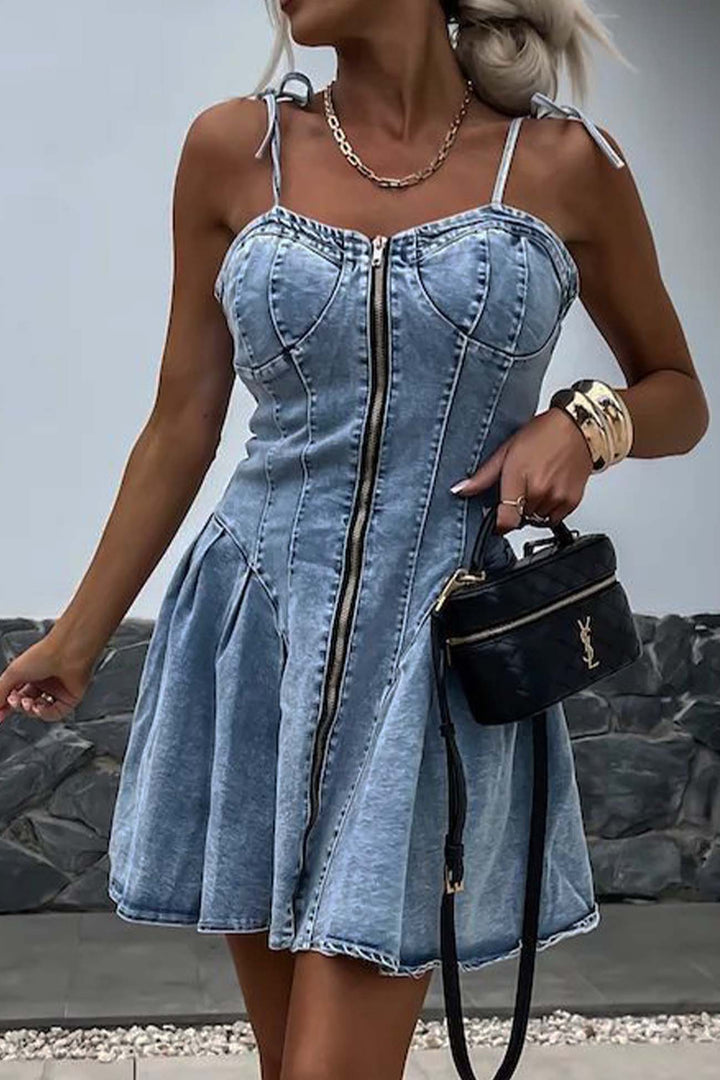 Strappy Zipper A-line Pleated Mini Dress Light Blue · S