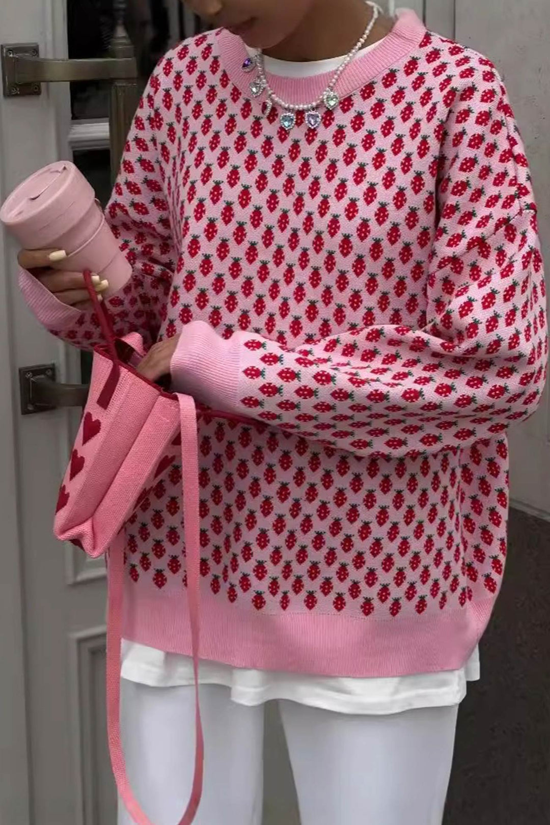 Strawberry Jacquard Cotton Pullover Sweater