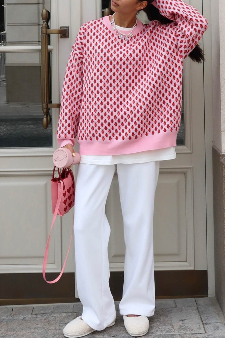 Strawberry Jacquard Cotton Pullover Sweater Pink · M