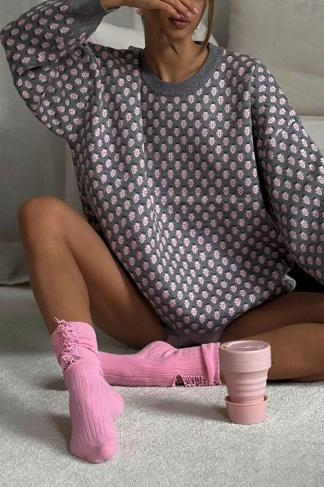 Strawberry Jacquard Cotton Pullover Sweater Grey · S