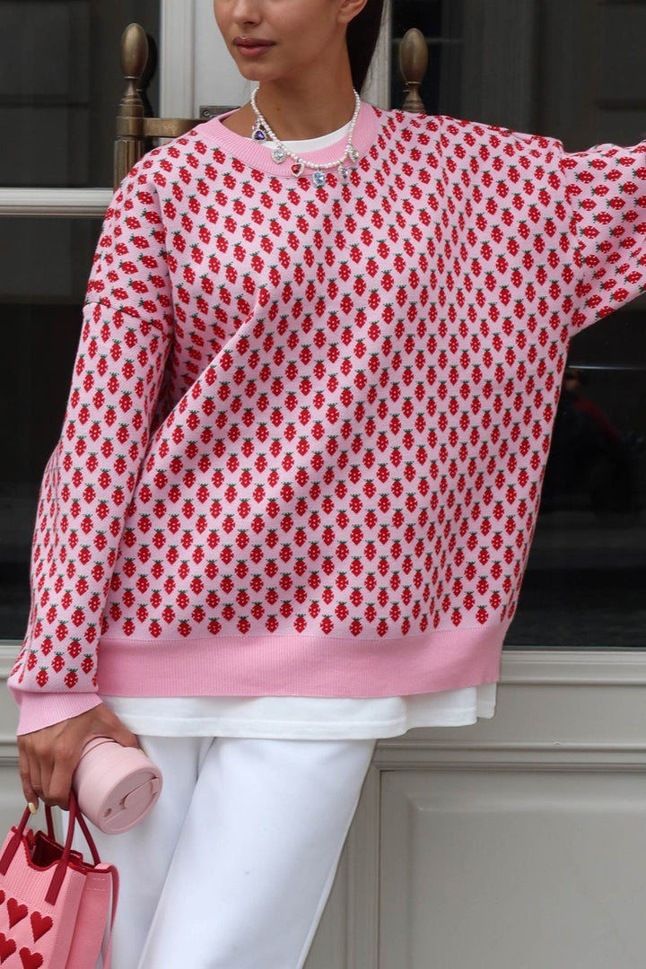 Strawberry Jacquard Cotton Pullover Sweater Pink · S