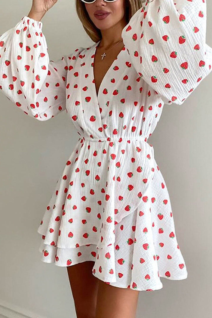 Strawberry Print Puff Sleeve Cotton Dress Strawberry · S