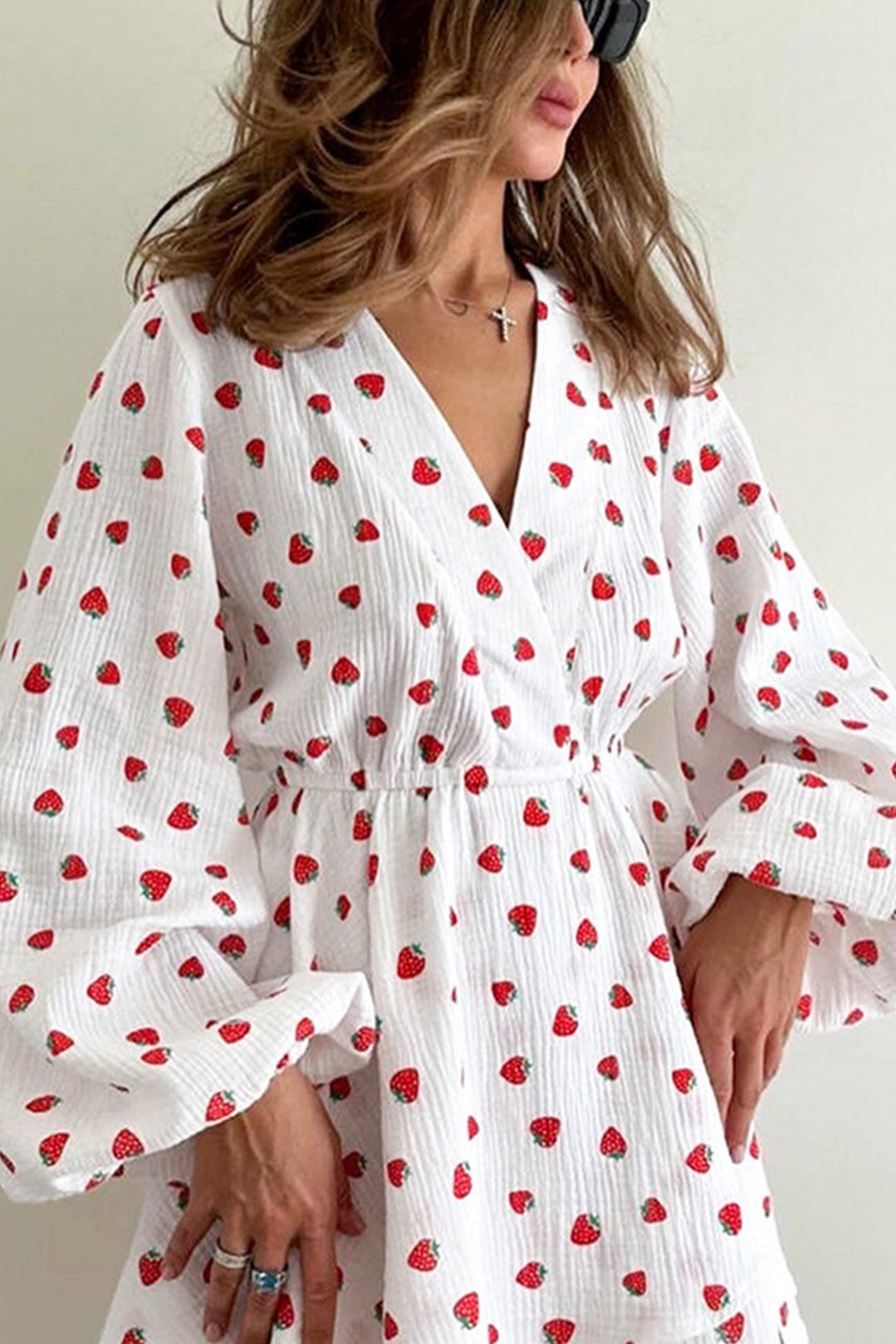 Strawberry Print Puff Sleeve Cotton Dress Strawberry · M
