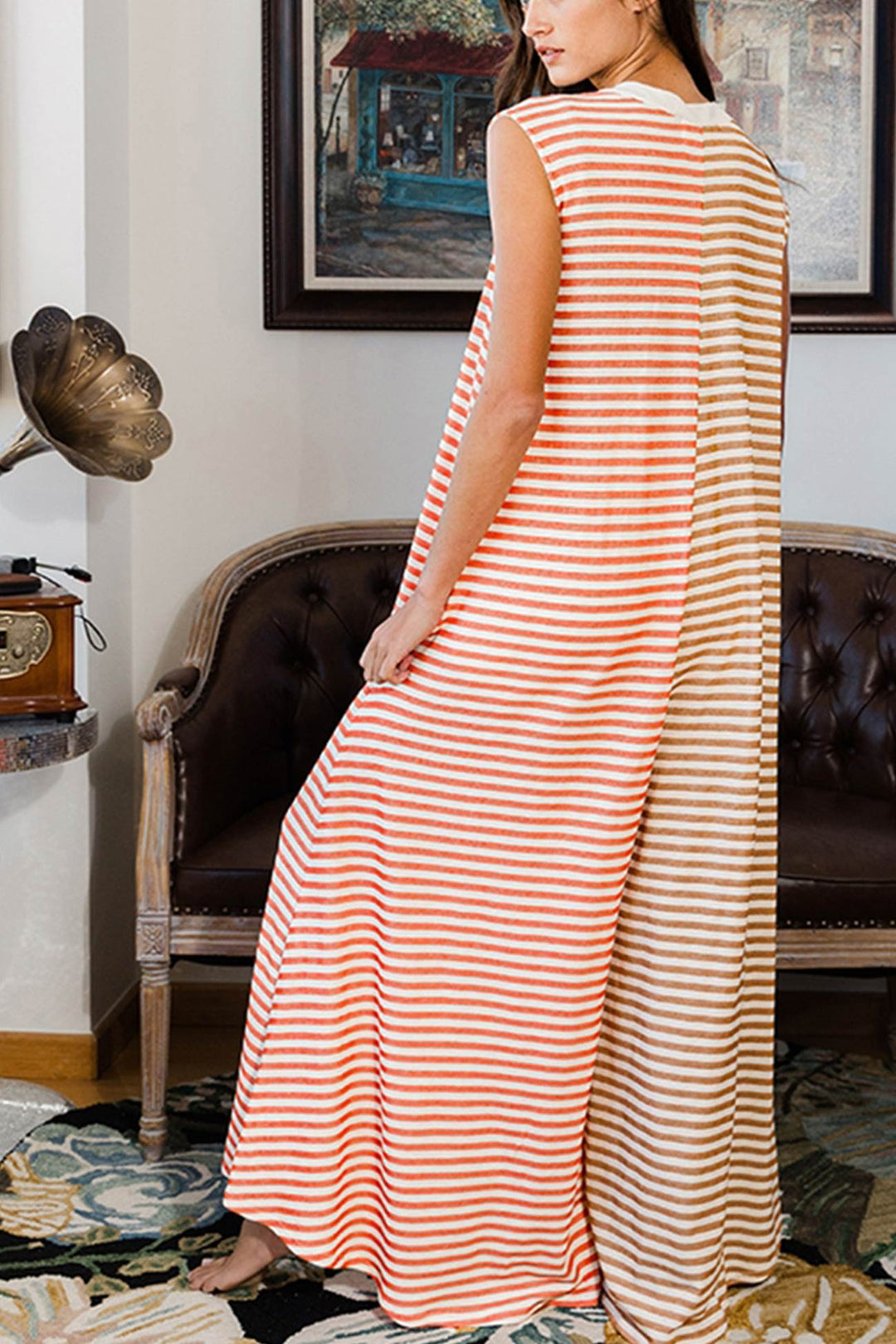 Stripe Oversized Buttoned Front Sleeveless Jumpsuits Orange · S