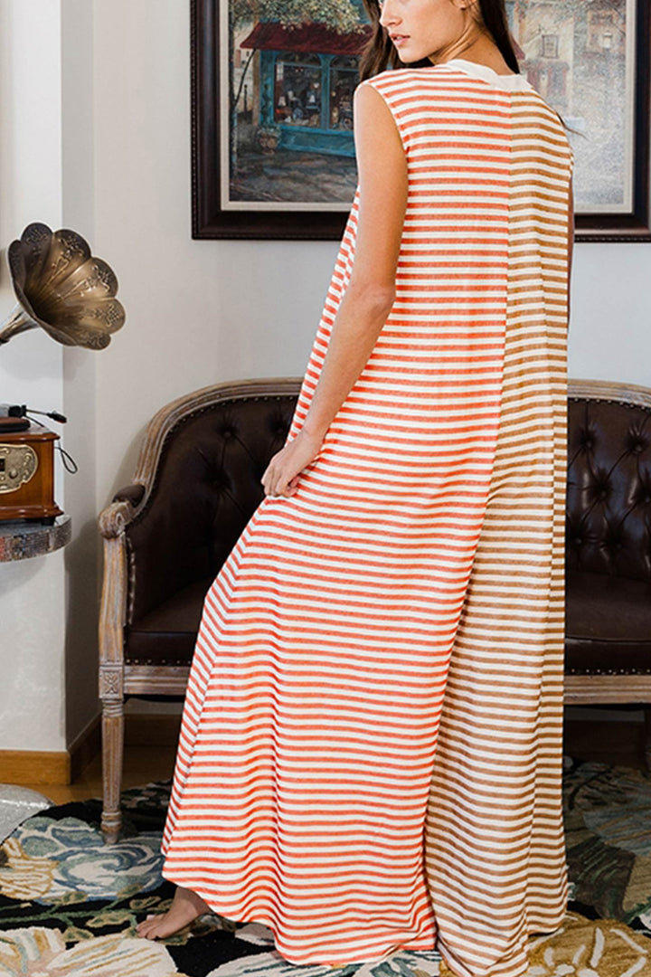 Stripe Oversized Buttoned Front Sleeveless Jumpsuits Orange · S