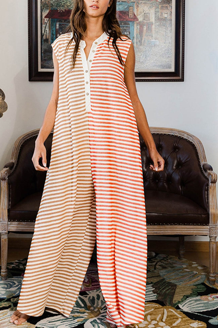 Stripe Oversized Buttoned Front Sleeveless Jumpsuits Orange · XL