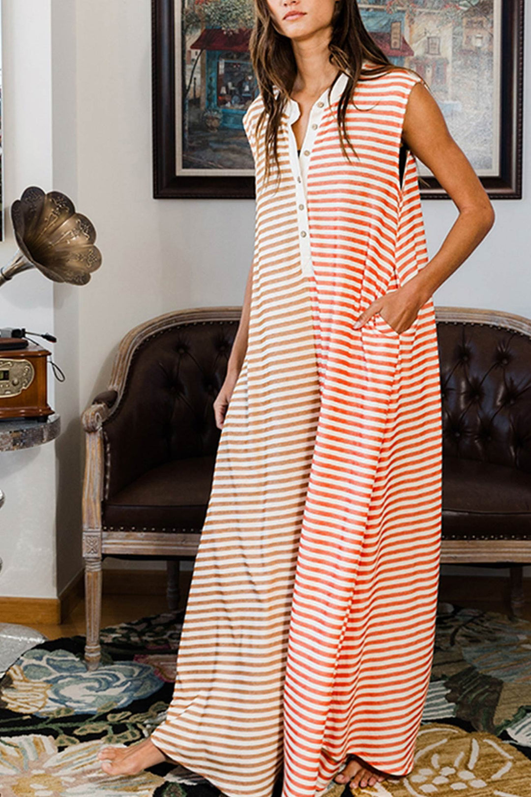 Stripe Oversized Buttoned Front Sleeveless Jumpsuits Orange · M