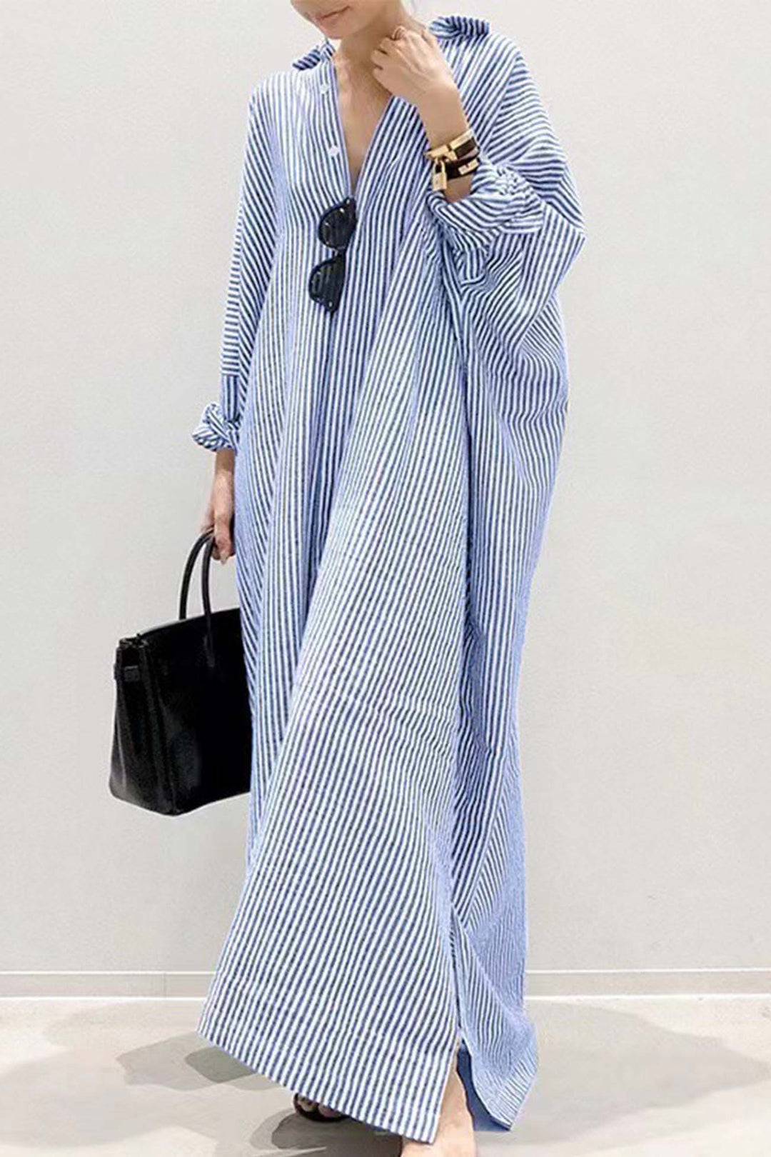 Stripe Lapel Single-breasted Midi Dress Black · S