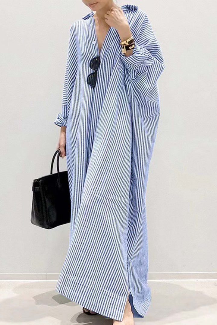Stripe Lapel Single-breasted Midi Dress Black · S