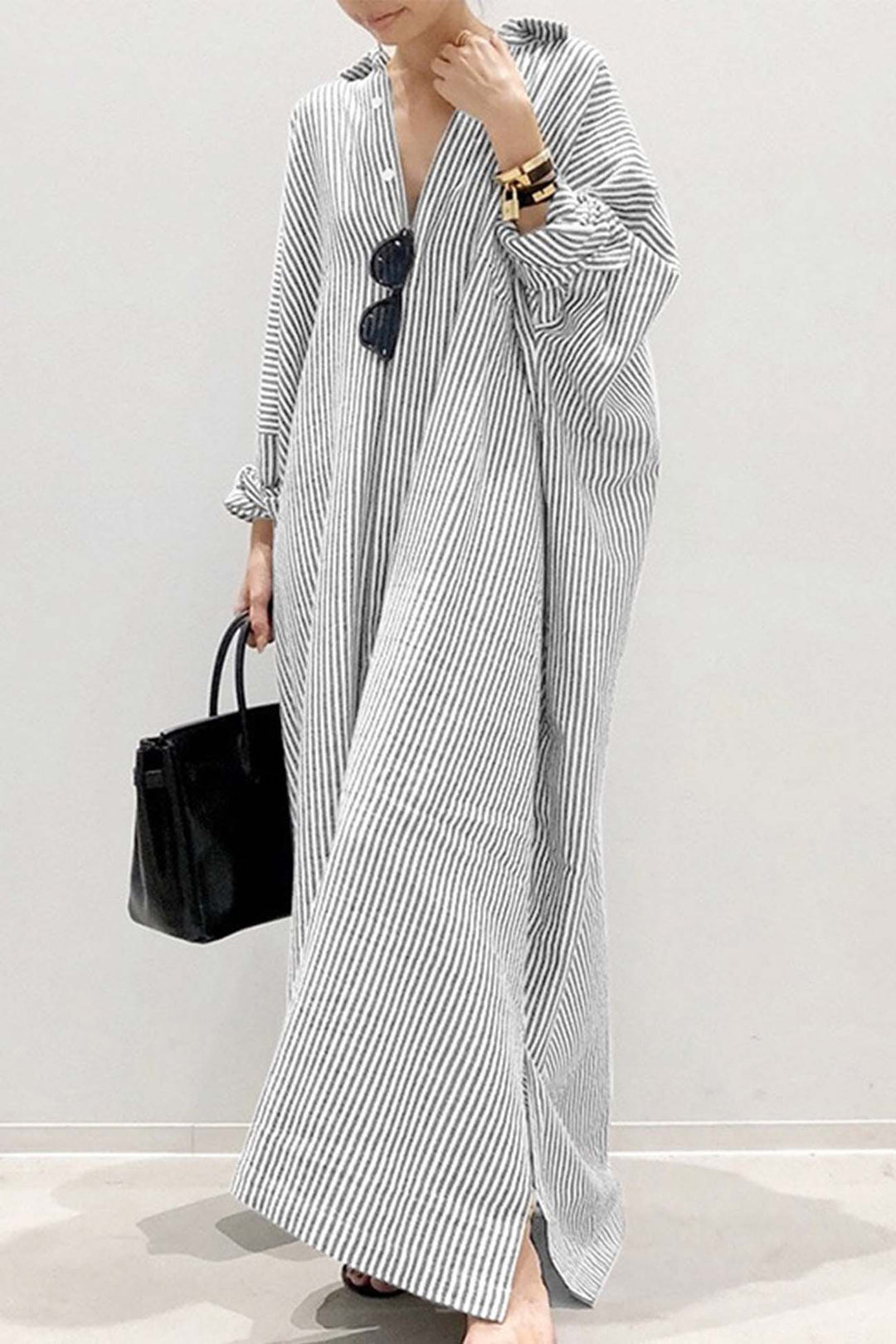 Stripe Lapel Single-breasted Midi Dress Black · M