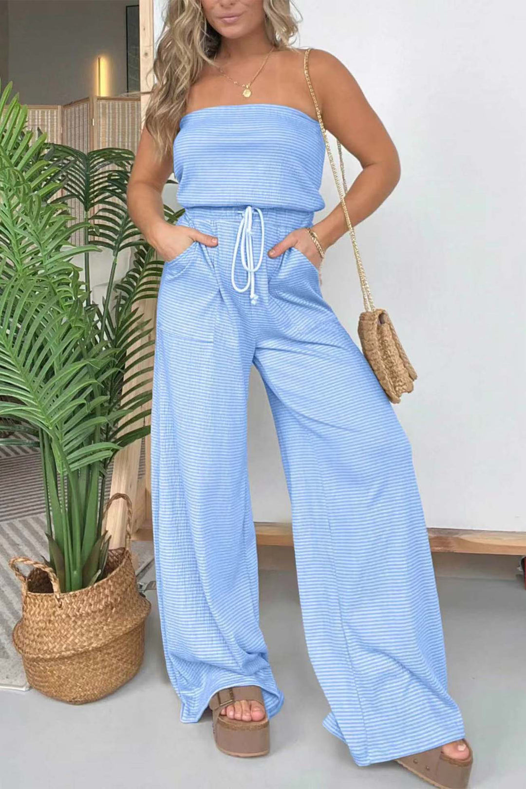 Stripe Strapless Drawstring Jumpsuits Light Blue · M
