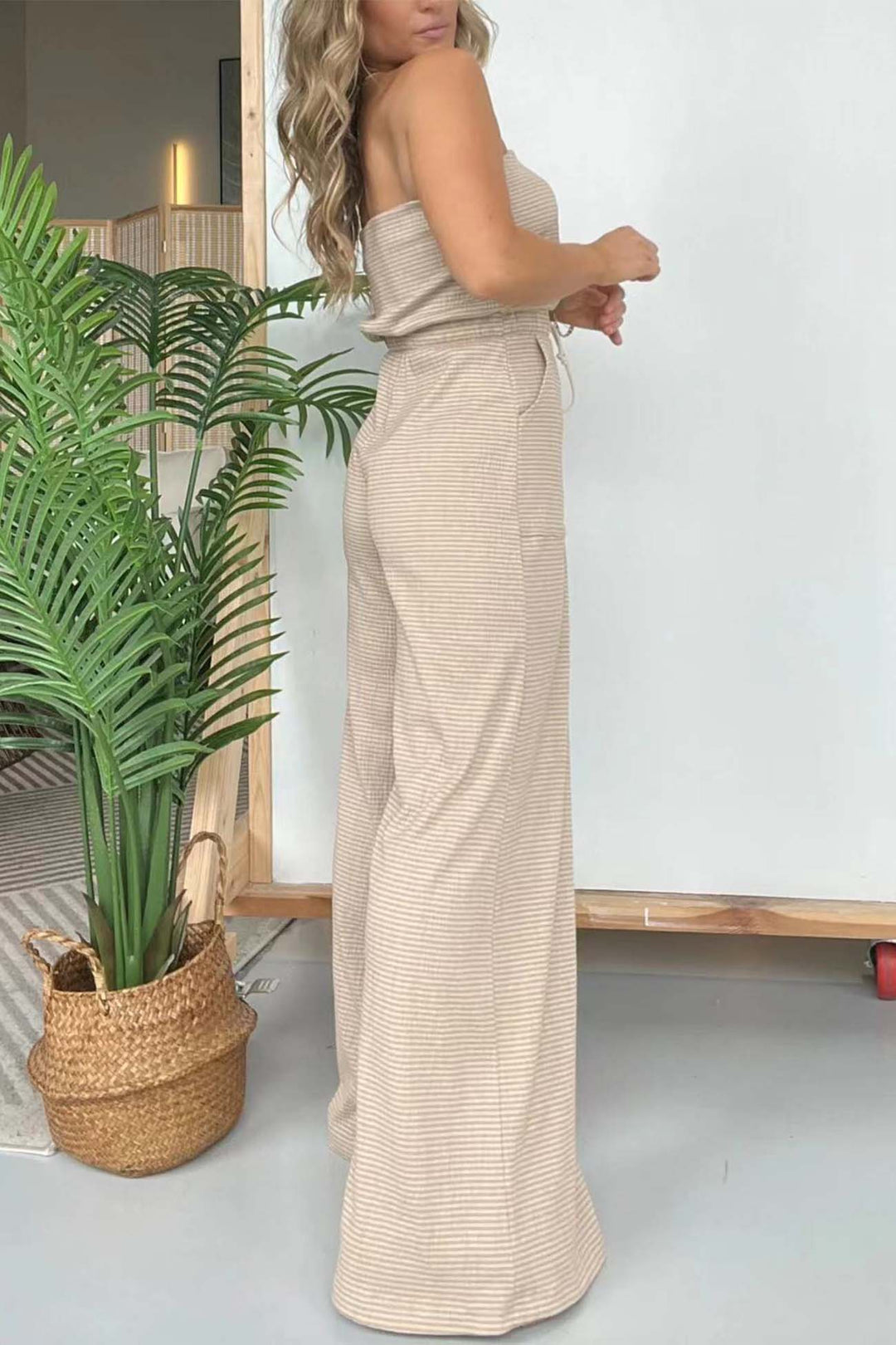 Stripe Strapless Drawstring Jumpsuits Khaki · L