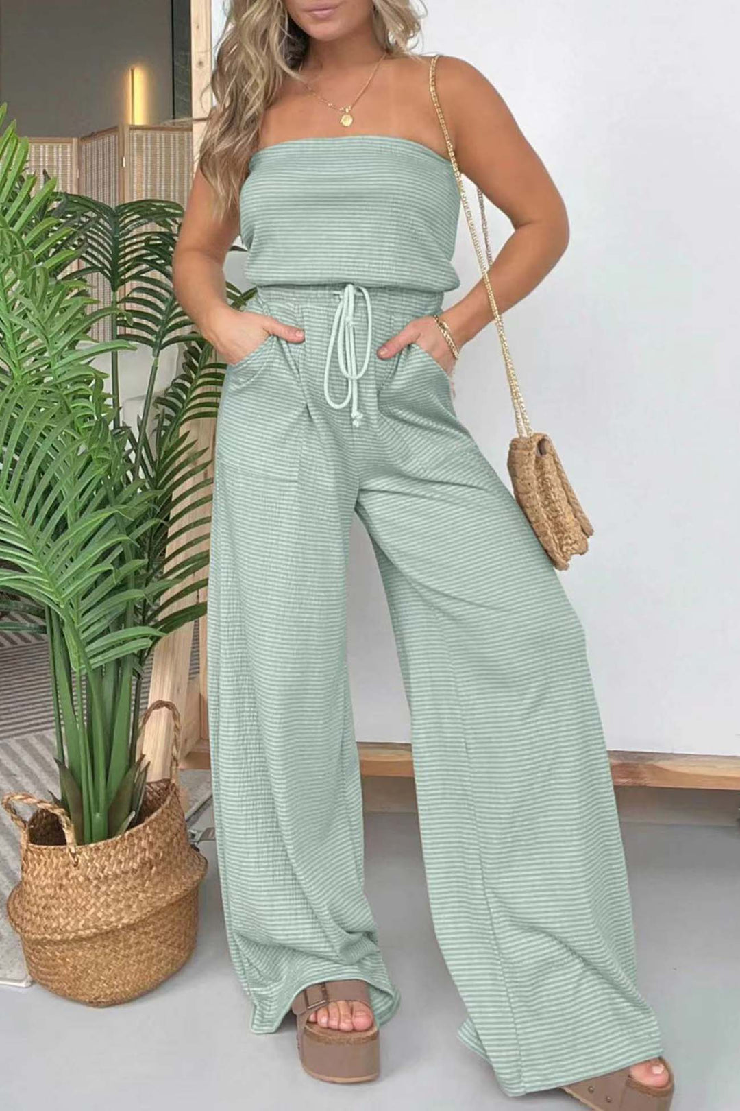 Stripe Strapless Drawstring Jumpsuits Light Blue · S
