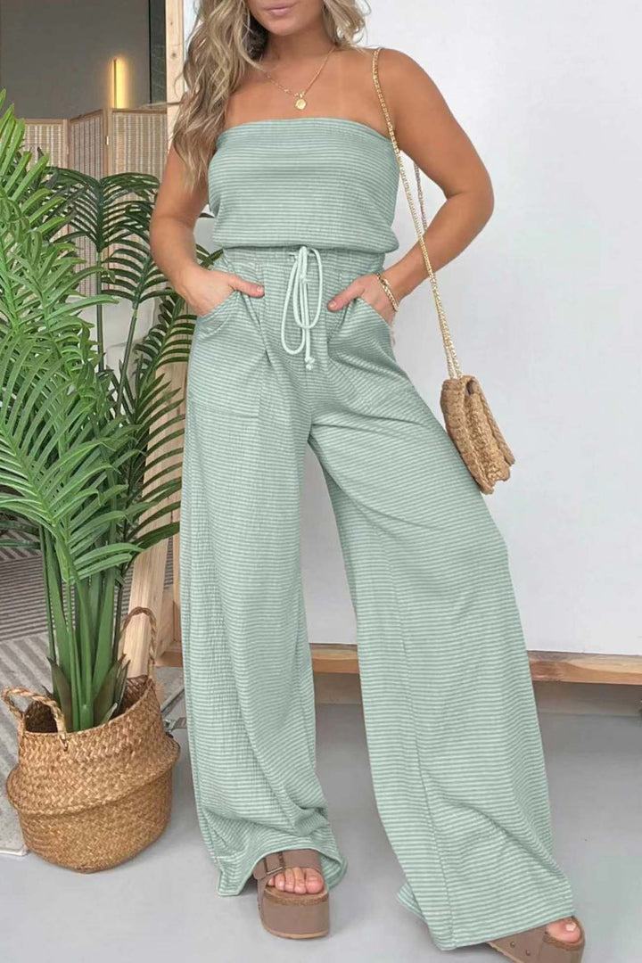 Stripe Strapless Drawstring Jumpsuits Light Blue · S
