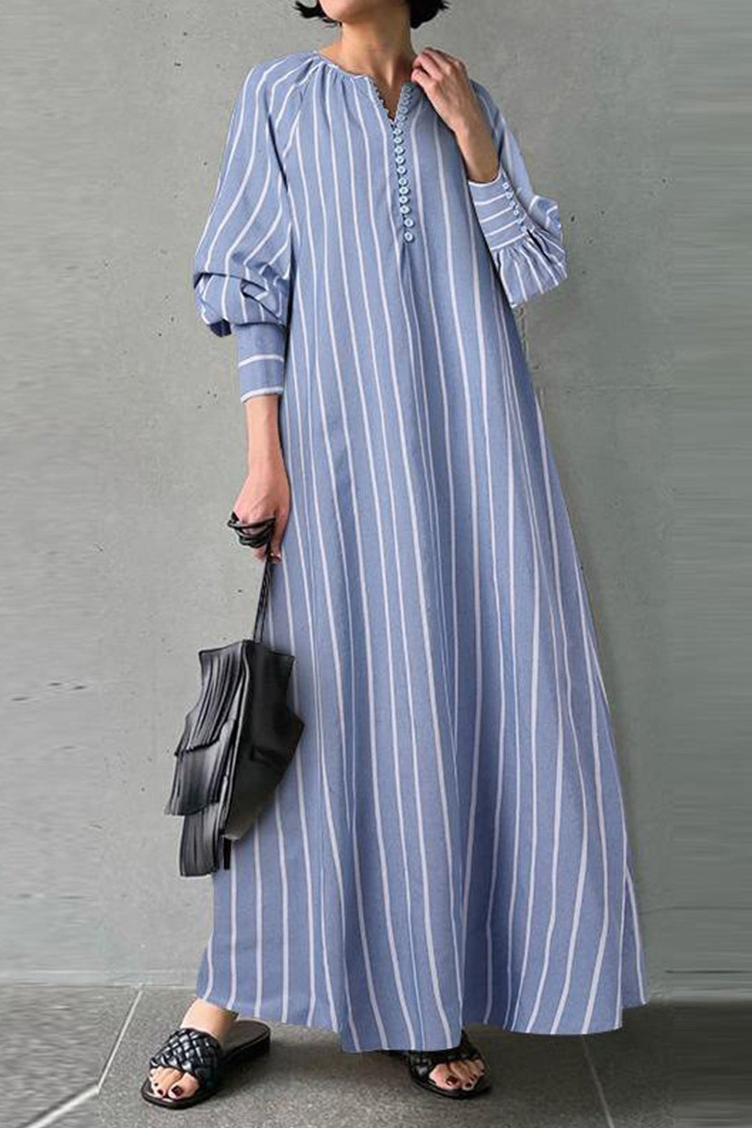 Striped Crew Neck Shirt Dress White · L