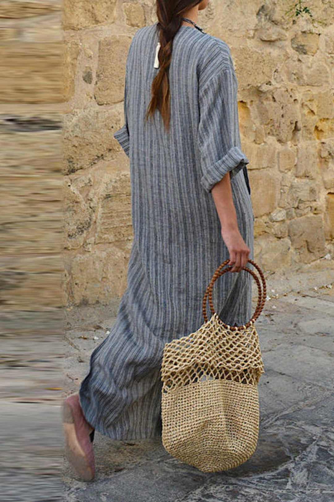 Striped Front Pocket Cotton Linen Dress Grey · S