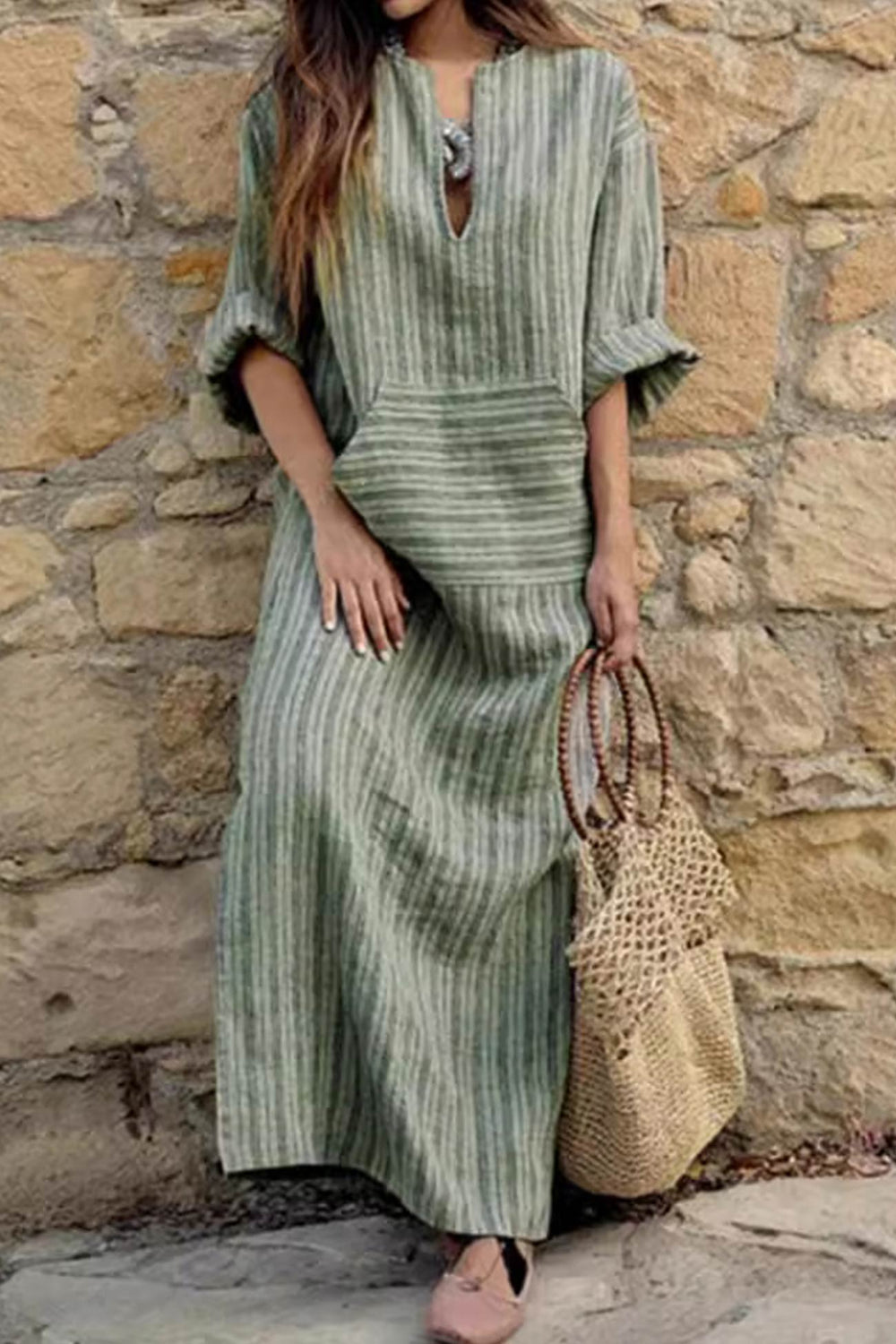 Striped Front Pocket Cotton Linen Dress Grey · M