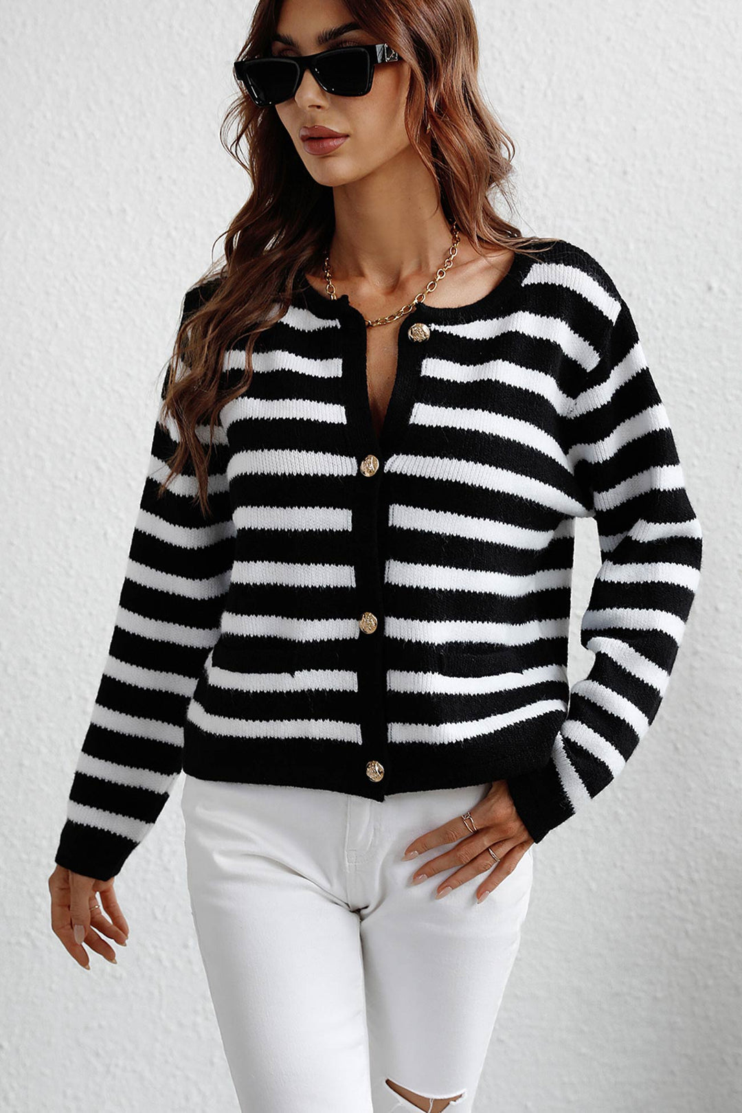 Striped Front With Pocket Cardigan Khaki · L