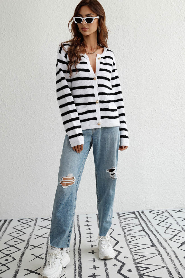 Striped Front With Pocket Cardigan White · S