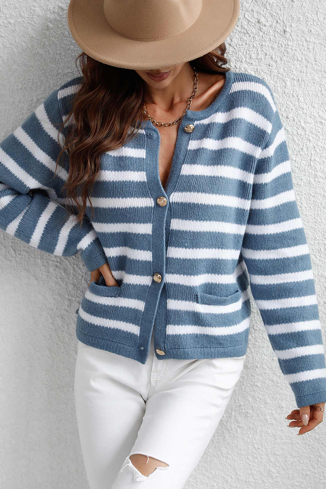Striped Front With Pocket Cardigan Black · L