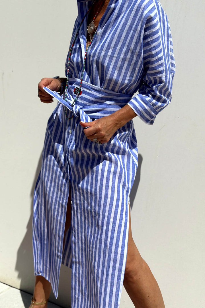 Printed Half Sleeve Shirt Dress Blue · L