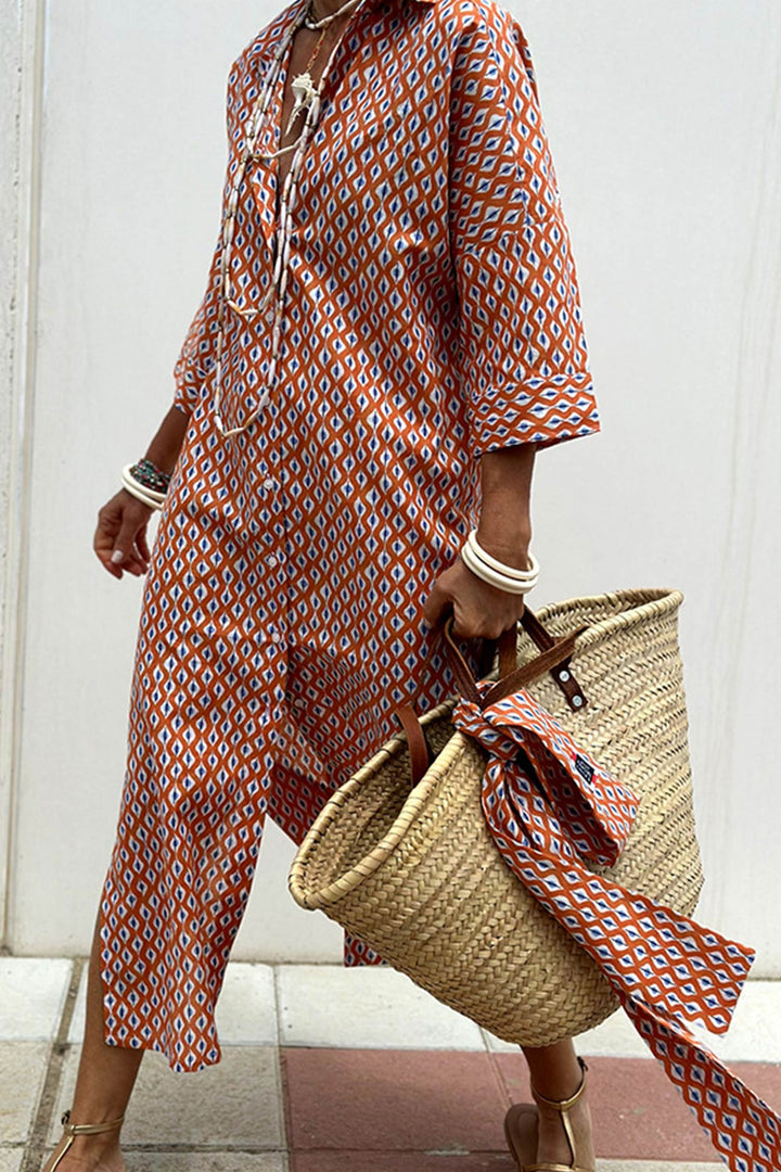 Printed Half Sleeve Shirt Dress Red Rhombic · XL