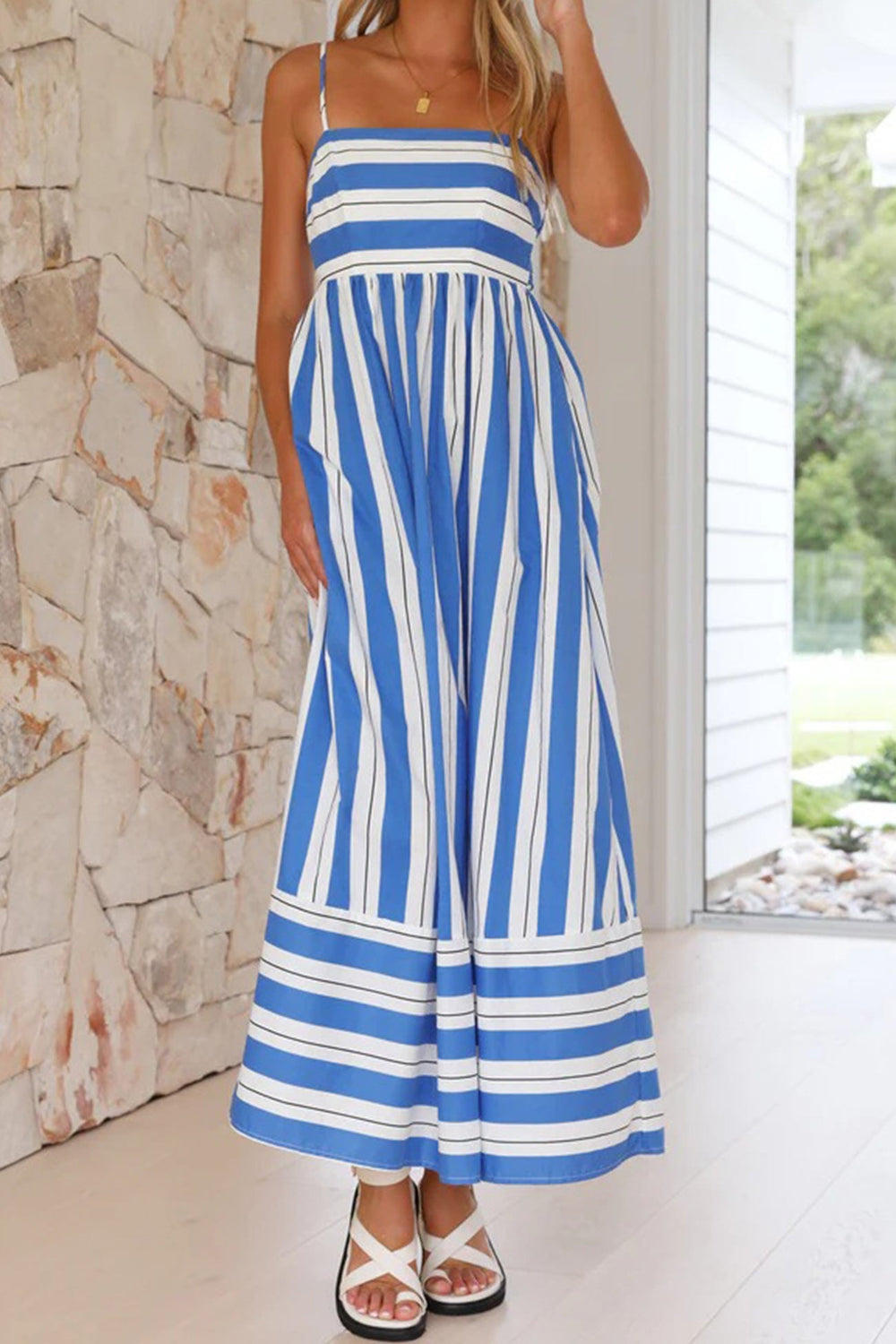 Striped Smocked Cutout Cami Dress Blue · M