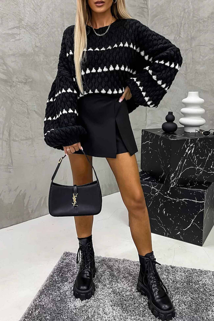 Striped Crew Neck Bat Sleeve Sweater Black · L