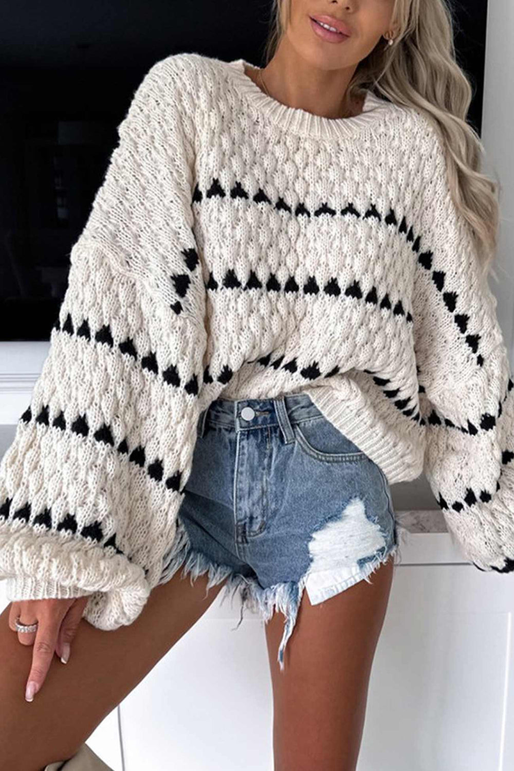 Striped Crew Neck Bat Sleeve Sweater Beige · M