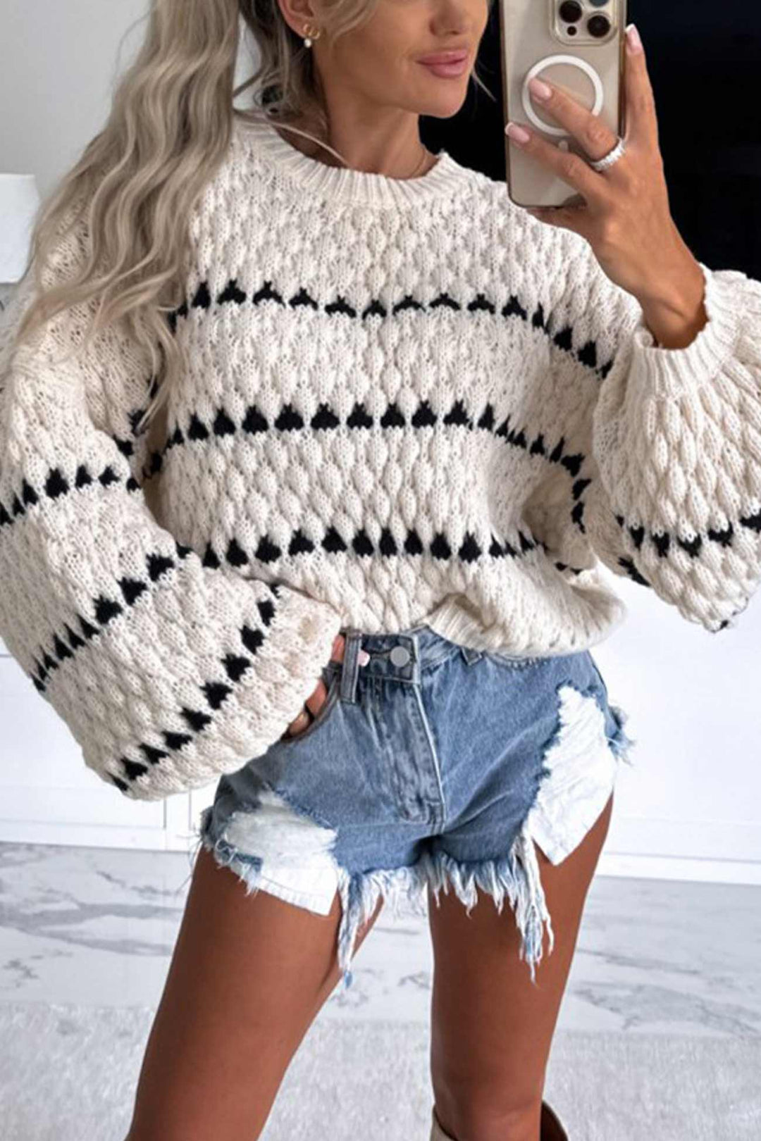 Striped Crew Neck Bat Sleeve Sweater