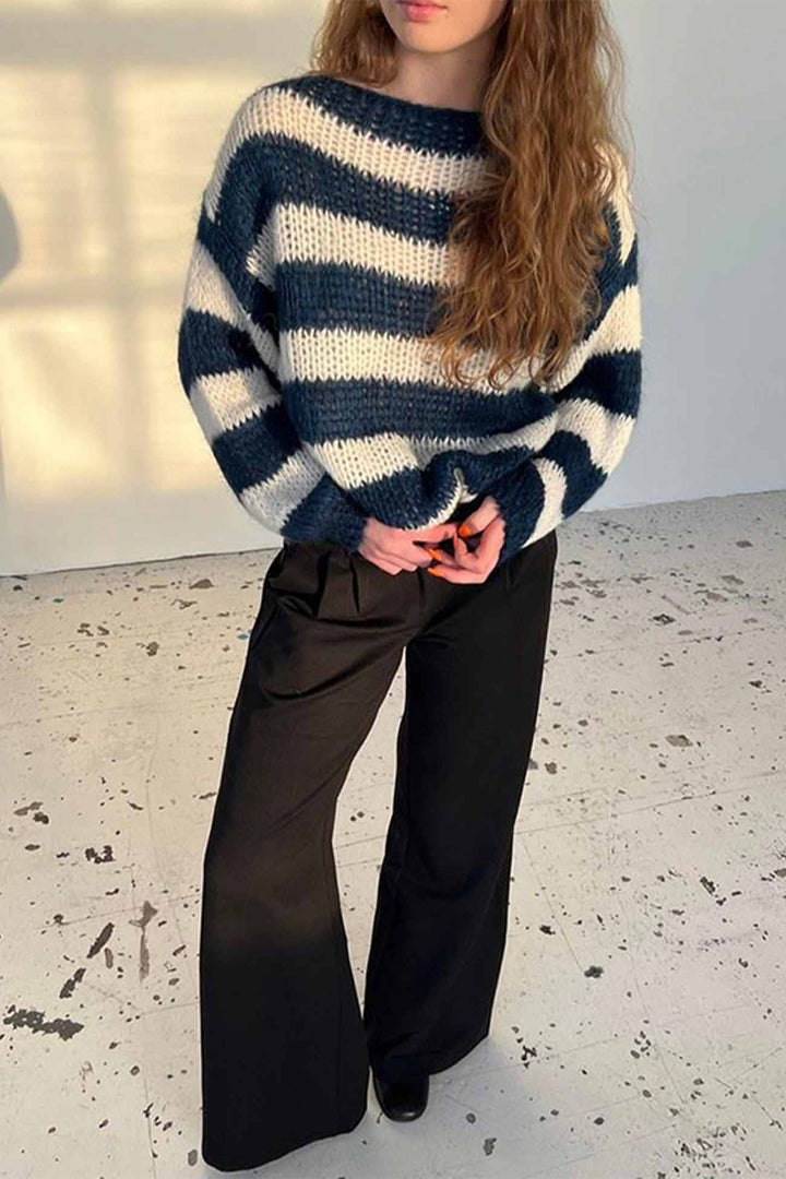 Striped Drop Shoulder Long Sleeve Knit Sweater Grey · S