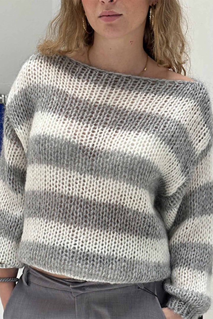 Striped Drop Shoulder Long Sleeve Knit Sweater Blue · L