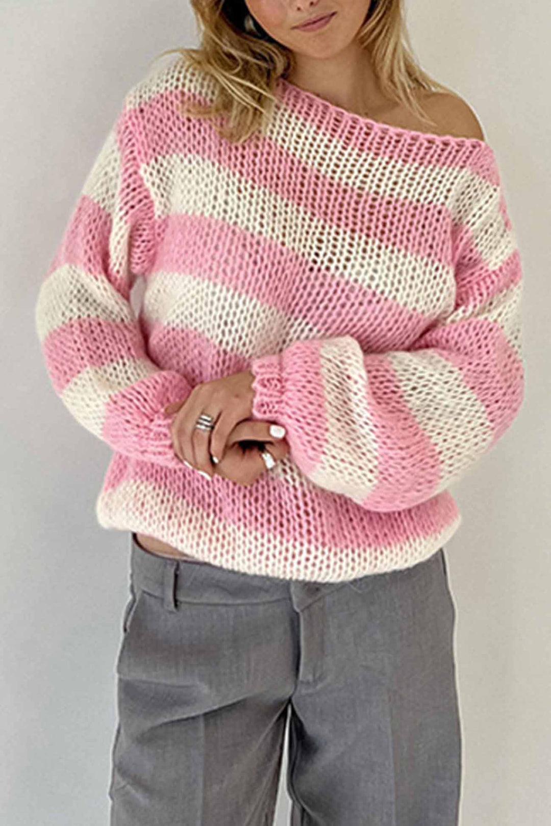 Striped Drop Shoulder Long Sleeve Knit Sweater Grey · M