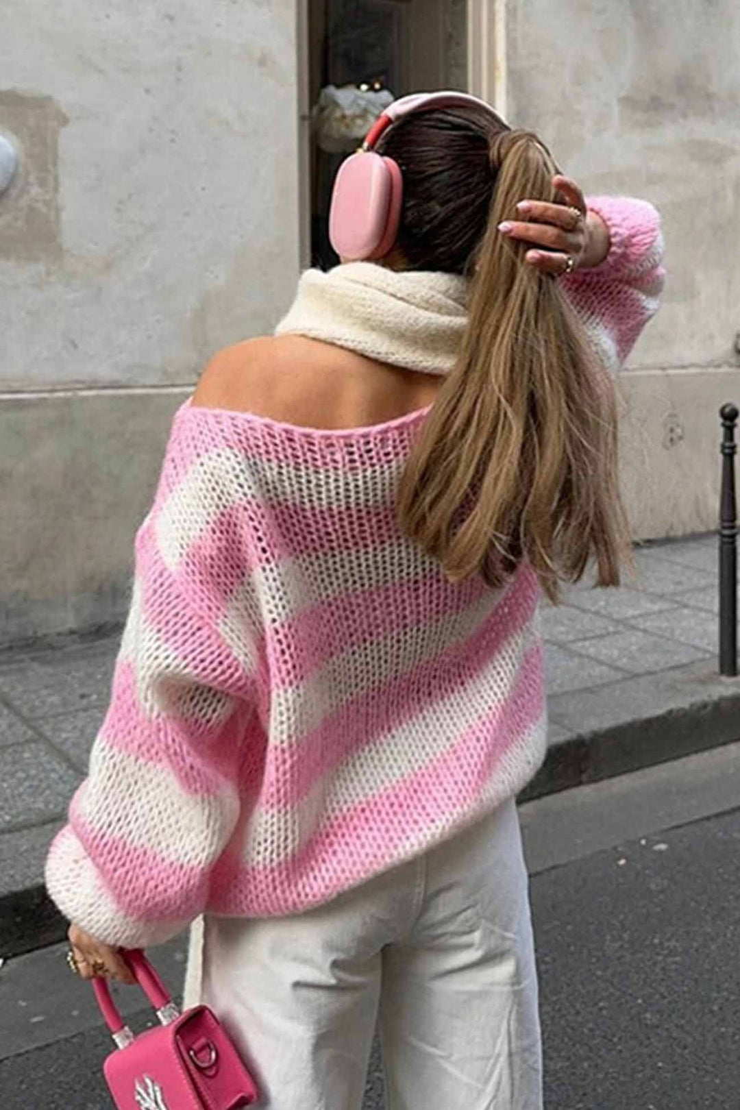 Striped Drop Shoulder Long Sleeve Knit Sweater Pink · S