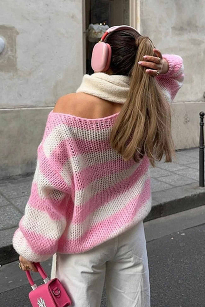 Striped Drop Shoulder Long Sleeve Knit Sweater Pink · S
