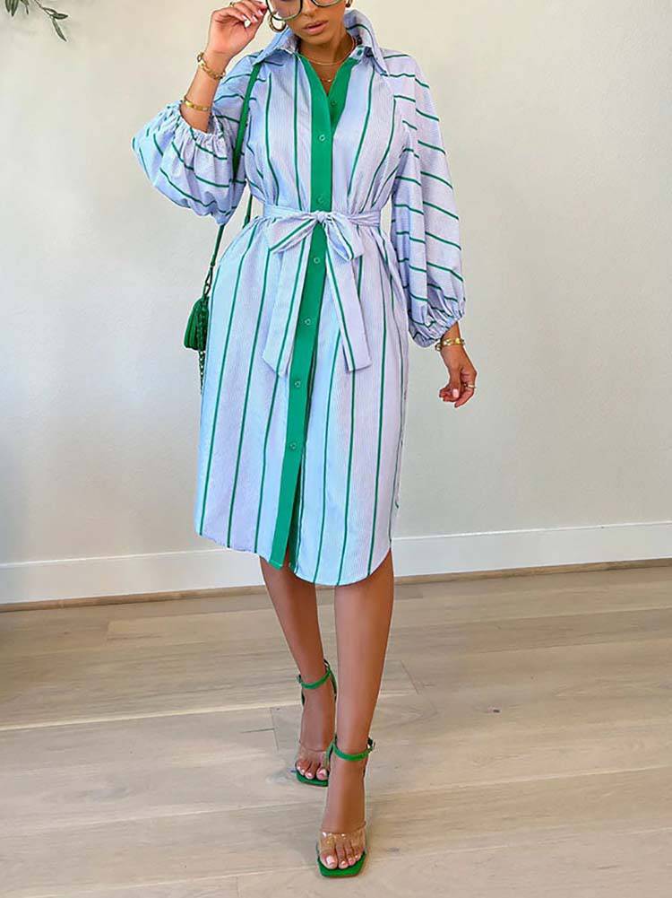 Striped Print Shirt Belted Dress Pink / M