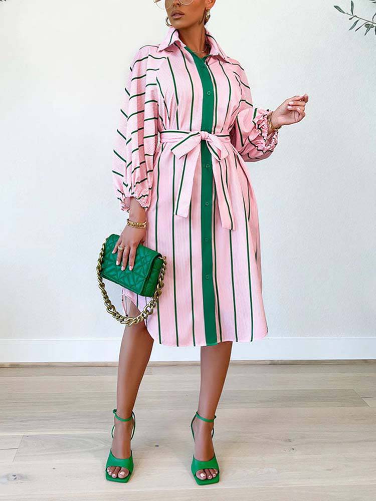 Striped Print Shirt Belted Dress Pink / S