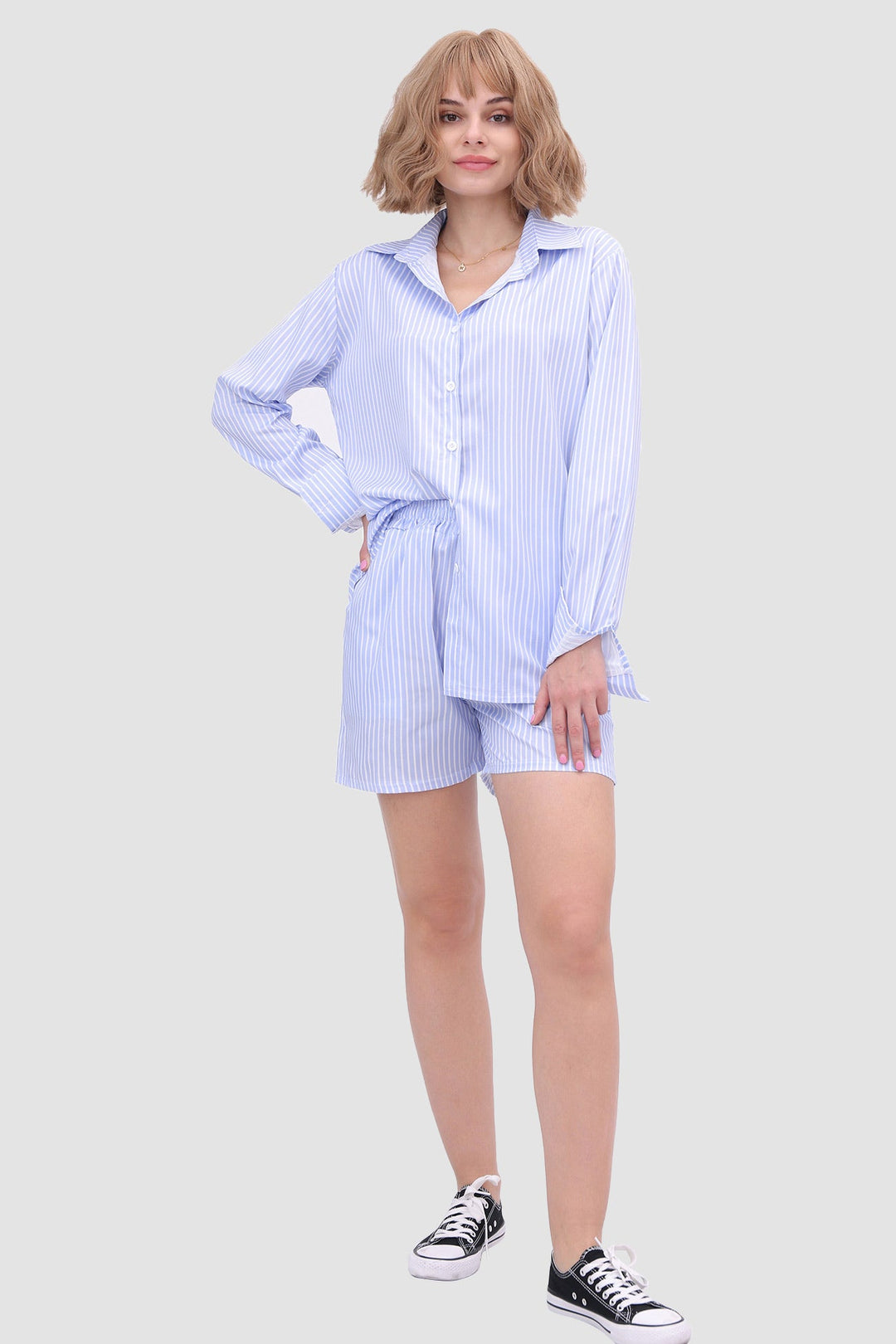 Striped Shirt Top & High Waist Shorts Sky Blue · S