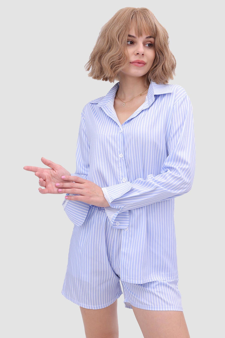 Striped Shirt Top & High Waist Shorts Sky Blue · L