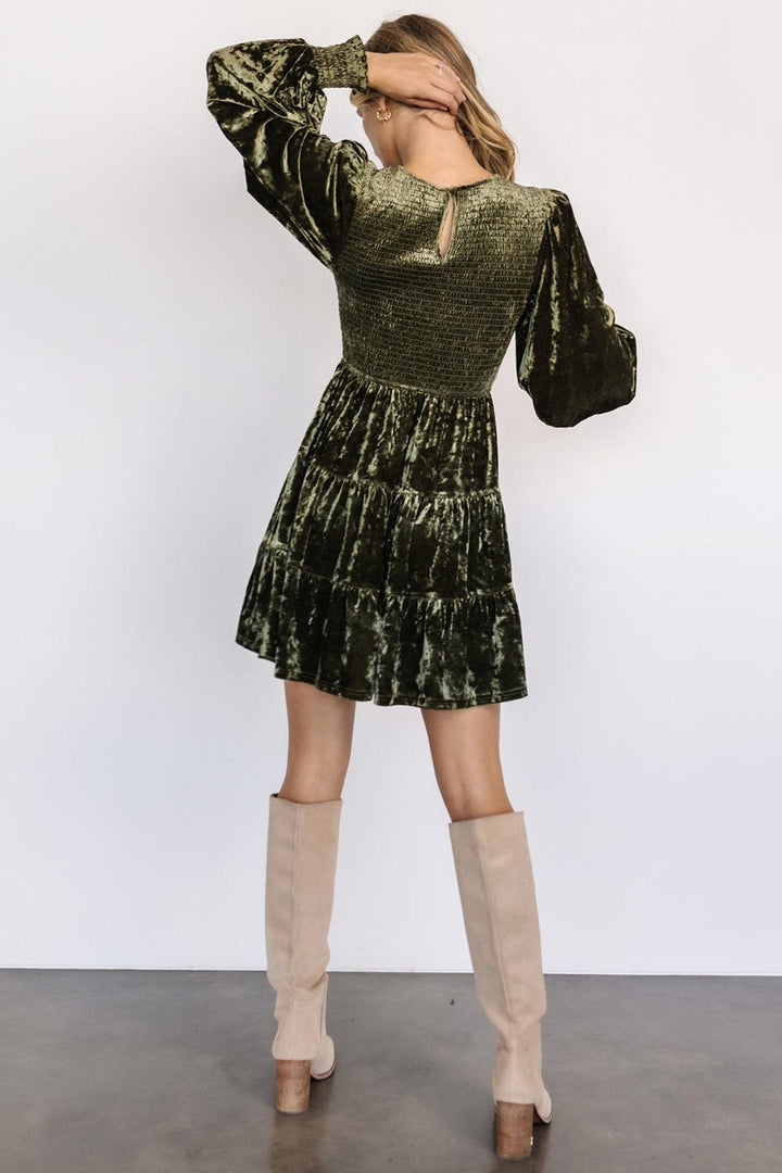 Suede Puff Sleeve Tiered Ruffle Dress Army Green · L