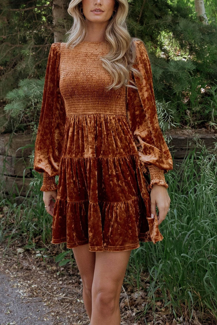 Suede Puff Sleeve Tiered Ruffle Dress Light Brown · M