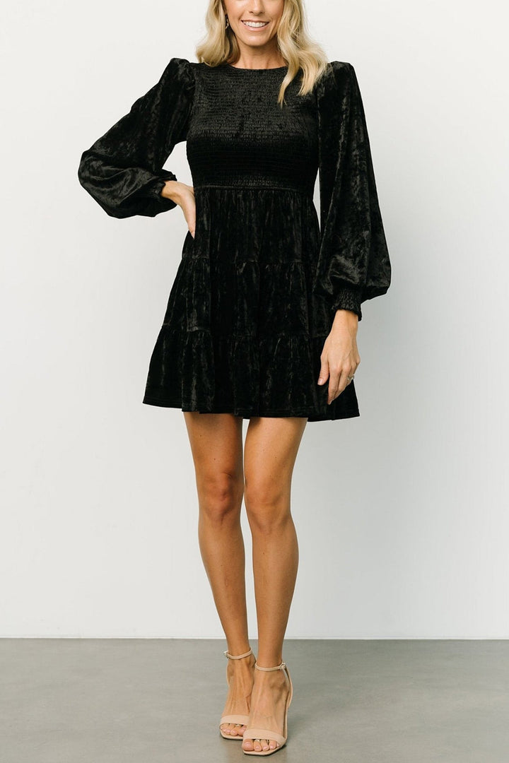 Suede Puff Sleeve Tiered Ruffle Dress Black · S
