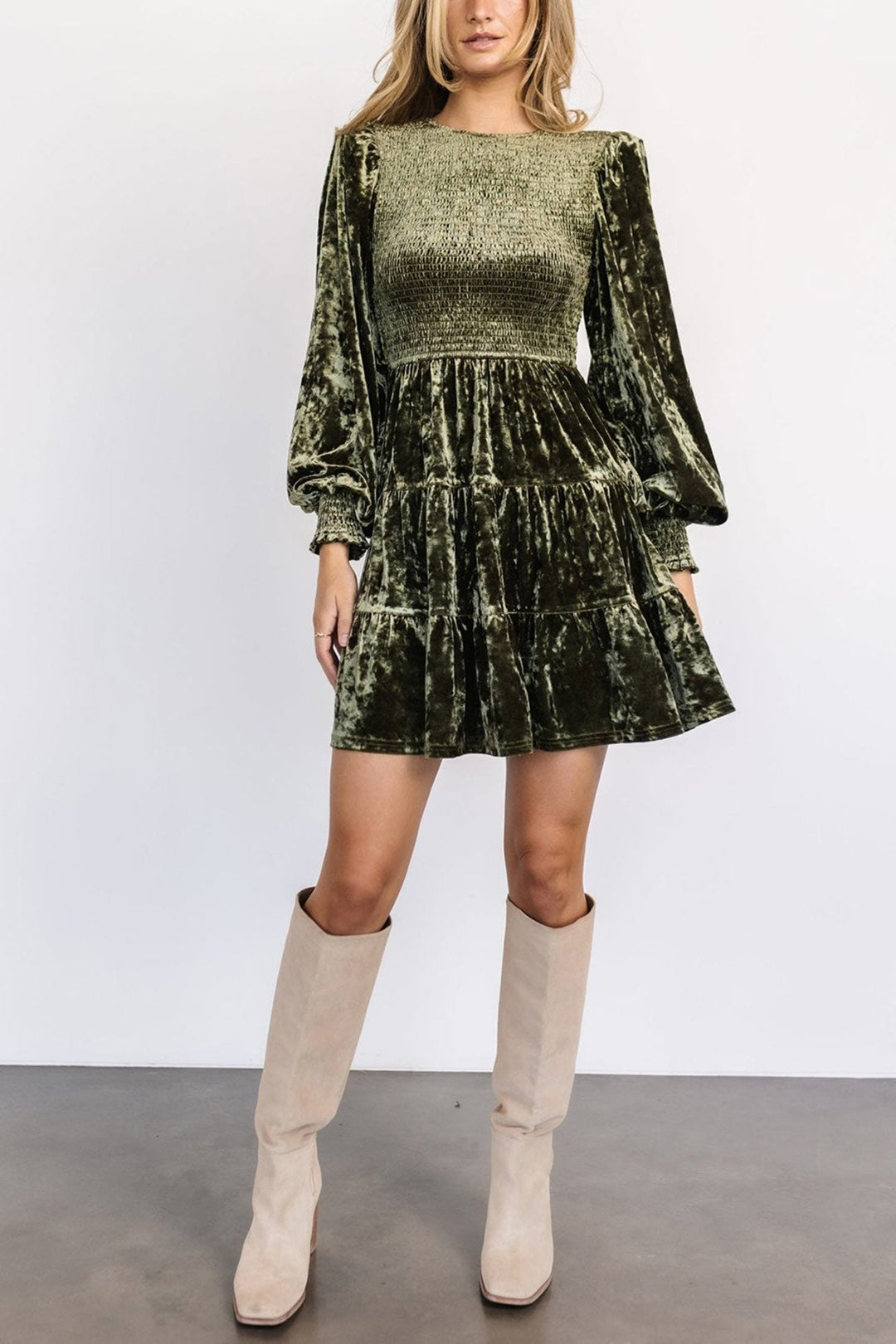 Suede Puff Sleeve Tiered Ruffle Dress Army Green · M