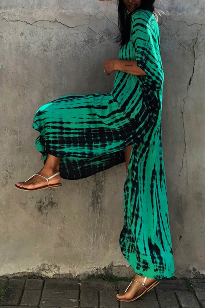 Tie Dye Slit Beach Cover-up Maxi Dress Peacock Blue Purple · One Size