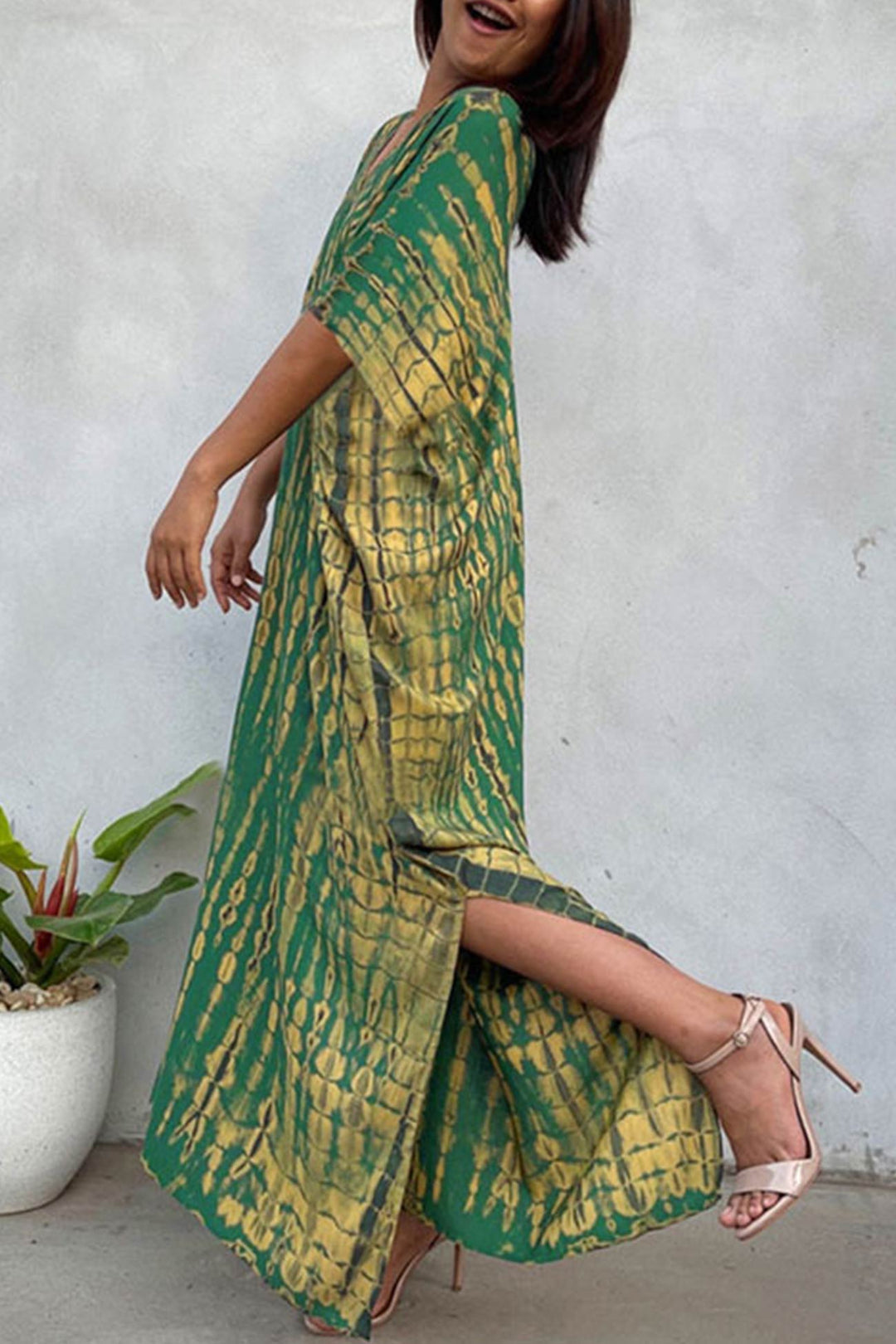 Tie Dye Slit Beach Cover-up Maxi Dress White Cyan · One Size