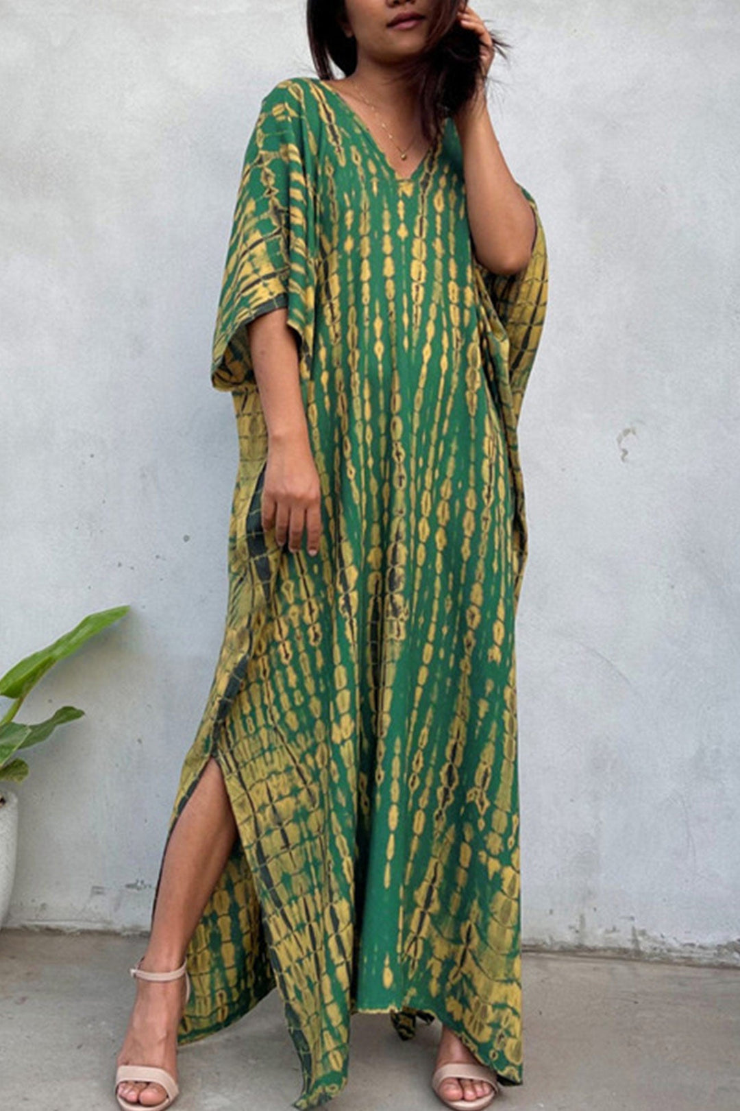 Tie Dye Slit Beach Cover-up Maxi Dress Red Yellow · One Size