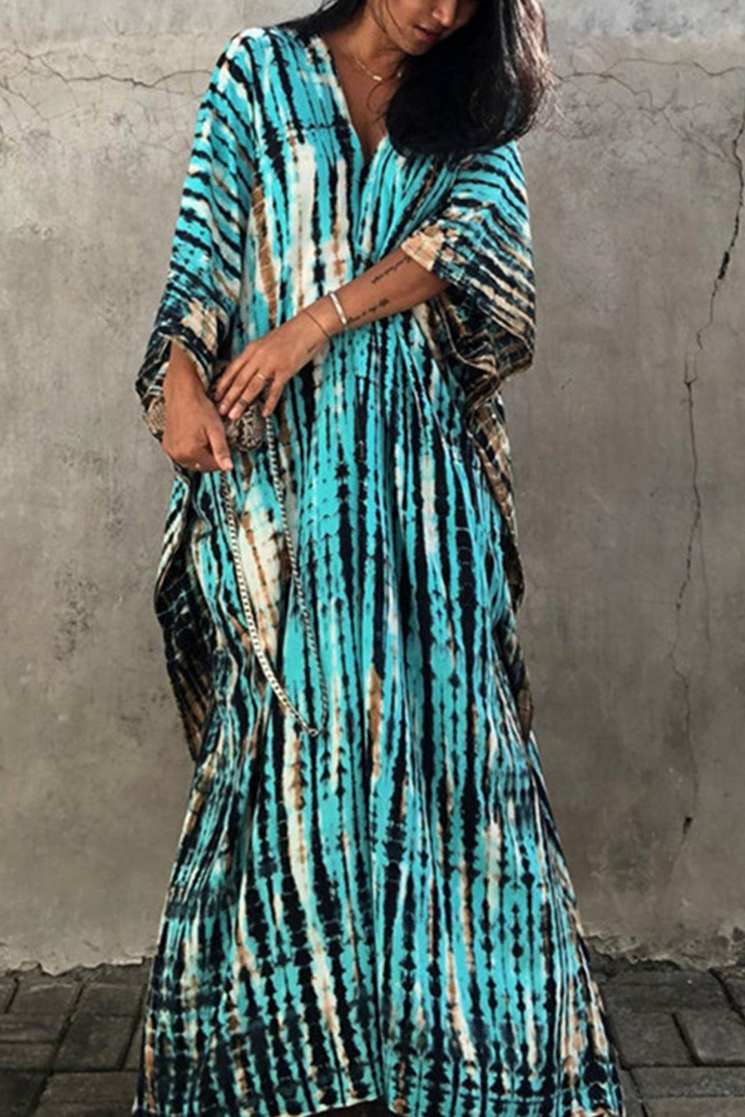 Tie Dye Slit Beach Cover-up Maxi Dress Light Blue Black · One Size