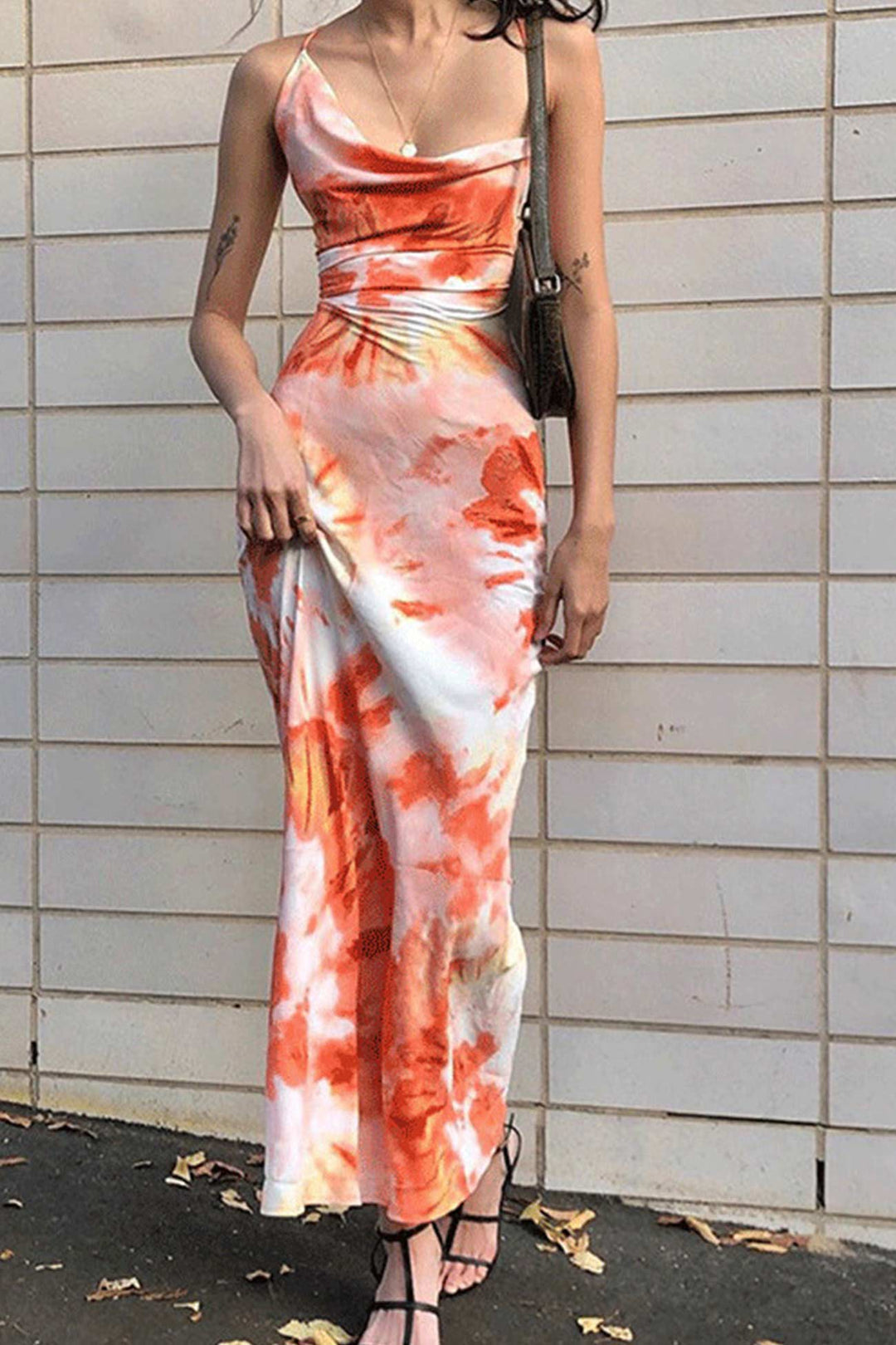 Tie-dyed Cowl Neck Crisscross Tie-back Cami Dress Orange · M