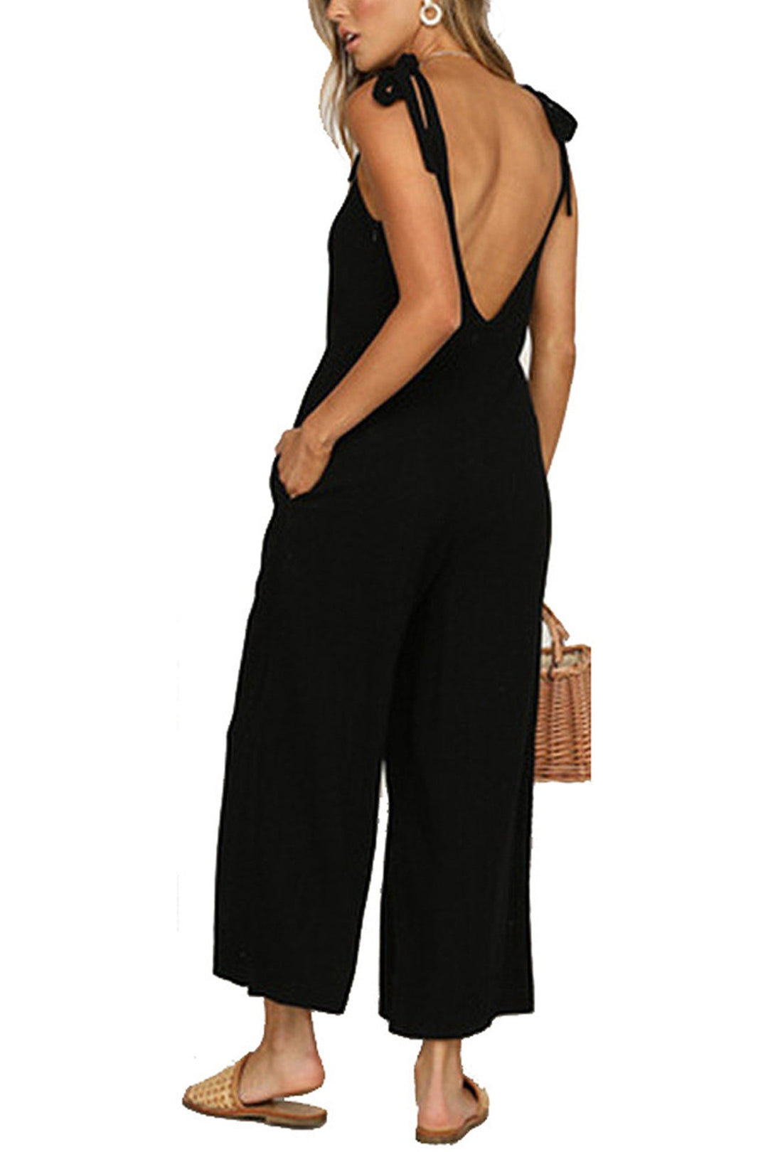 Tie-straps Backless Pocketed Cotton Jumpsuits Yellow · 3XL