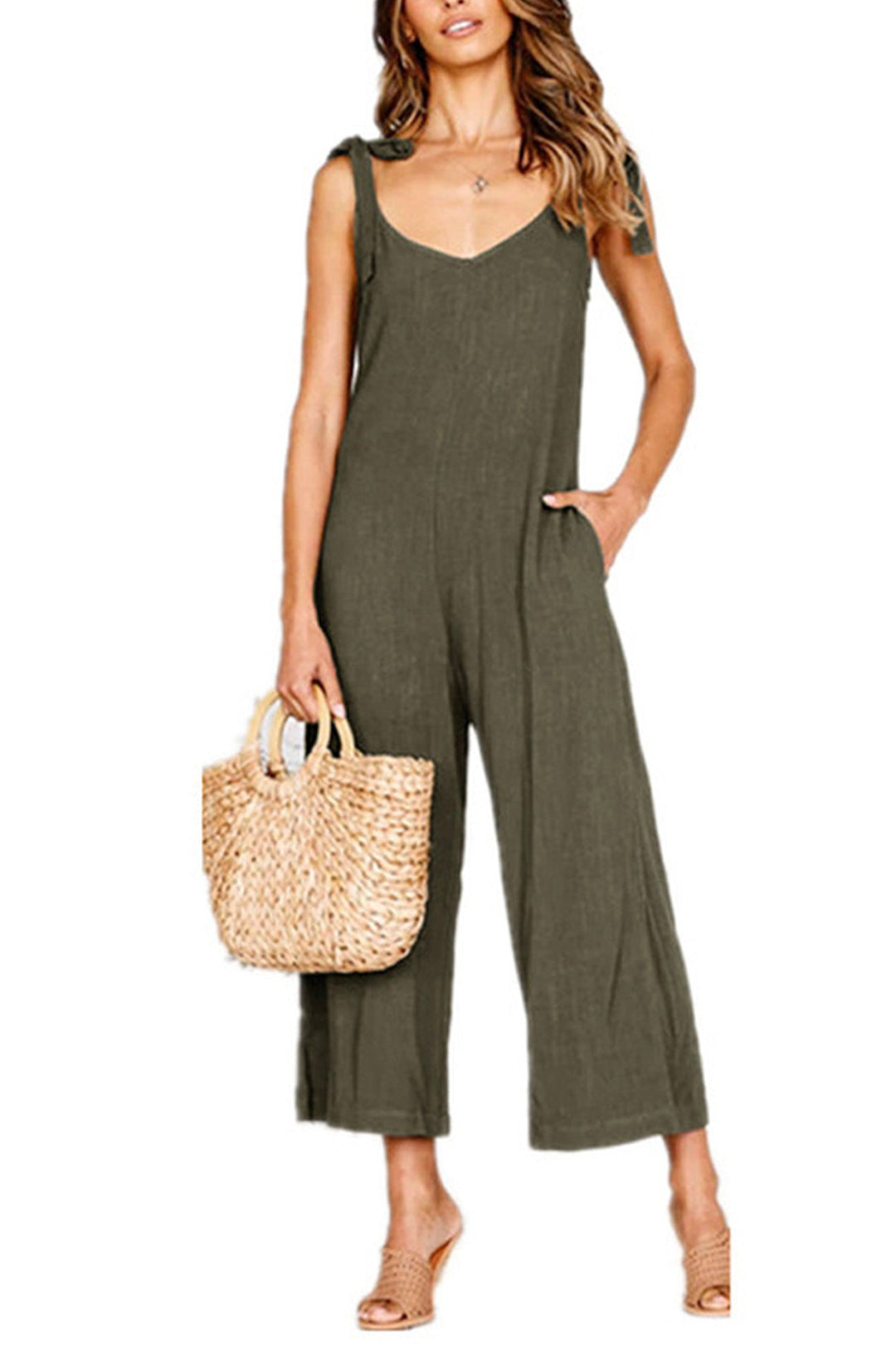 Tie-straps Backless Pocketed Cotton Jumpsuits Black · XL